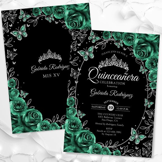 Emerald Green Zilver Zwart Quinceanera Kaart
