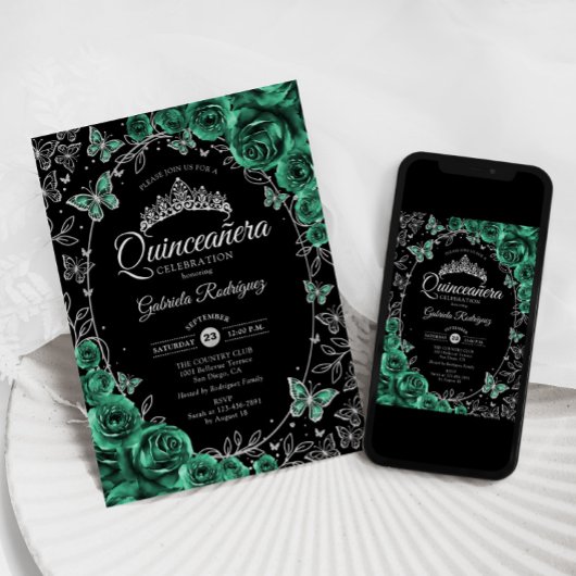 Emerald Green Zilver Zwart Quinceanera Kaart