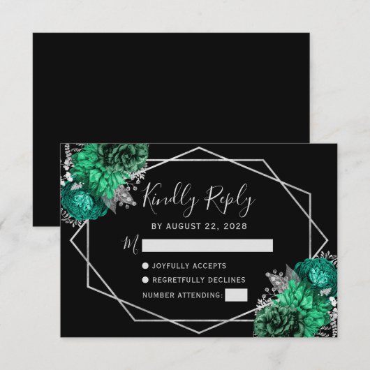 Emerald Green Zilveren Bloemen Geometrisch Zwart RSVP Kaartje (Voorkant / Achterkant)