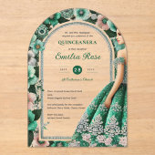 Emerald Green Zilveren Quince Jurk Bloemen Tiara Acryl Uitnodigingen (Voorkant)