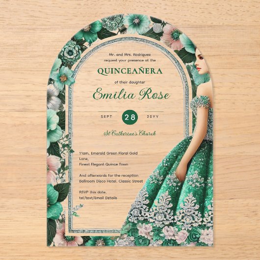 Emerald Green Zilveren Quince Jurk Bloemen Tiara Acryl Uitnodigingen (Voorkant)