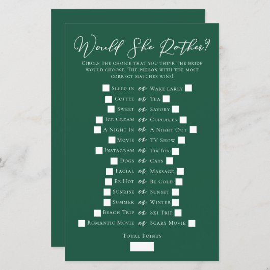 Emerald Green zou ze liever Vrijgezellenfeest spel (Voorkant / Achterkant)