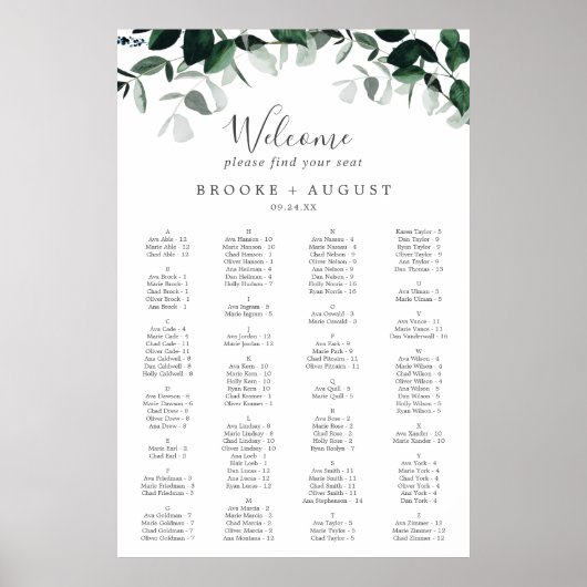 Emerald Greenery Alfabetical Seating Chart Poster (Voorkant)