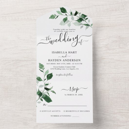 Emerald Greenery Botanical Wedding Details RSVP All In One Uitnodiging (Binnen)