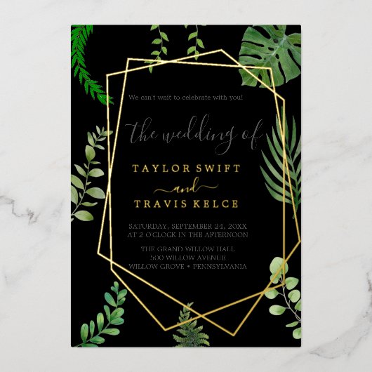 Emerald Greenery | Casual goudolieruwbinding Folie Uitnodiging (Voorkant)