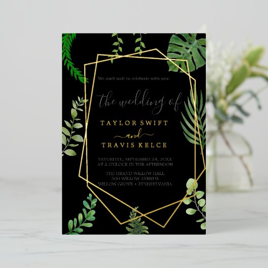 Emerald Greenery | Casual goudolieruwbinding Folie Uitnodiging (Staand Voorkant)