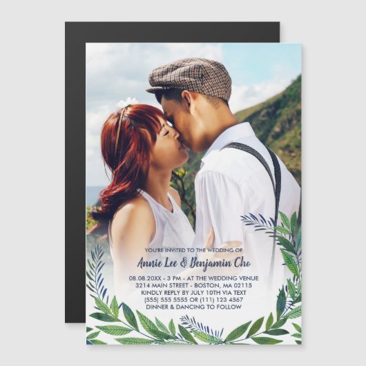 Emerald Greenery Custom Photo Wedding Magnetische Uitnodiging (Voorkant / Achterkant)