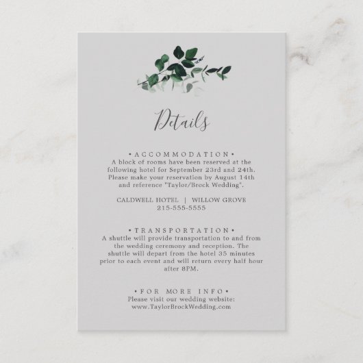 Emerald Greenery | Details grijze bruiloft Informatiekaartje (Voorkant)