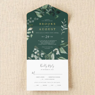 Emerald Greenery Donkergroen Blad Gouden Folie Wed All In One Uitnodiging