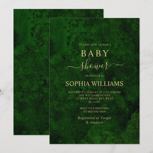 Emerald Greenery en Gold Calligraphy Baby shower Kaart (Voorkant / Achterkant)