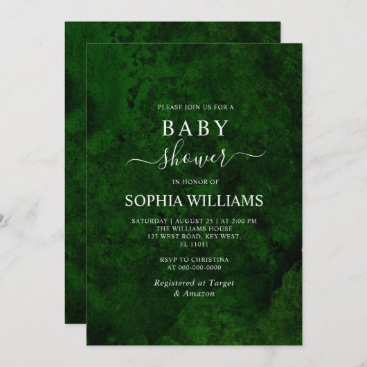 Emerald Greenery en Silver Calligraphy Baby shower Kaart (Voorkant / Achterkant)