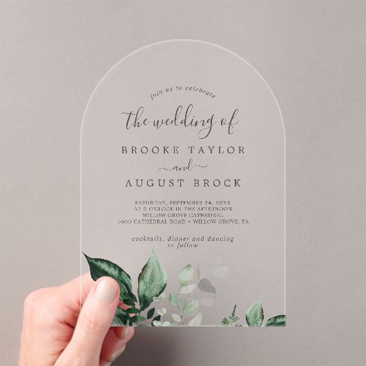 Emerald Greenery Eucalyptus Boho Mountain Wedding Acryl Uitnodigingen (Insitu (Draagbaar))