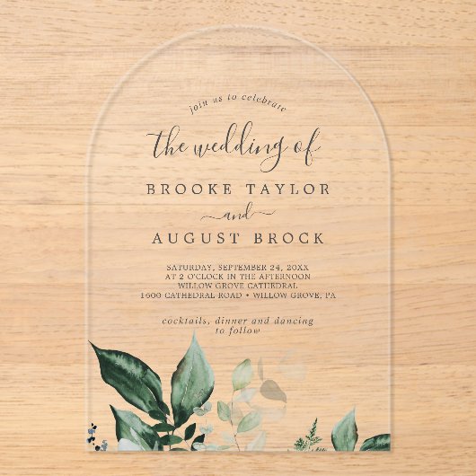 Emerald Greenery Eucalyptus Boho Mountain Wedding Acryl Uitnodigingen (Voorkant)