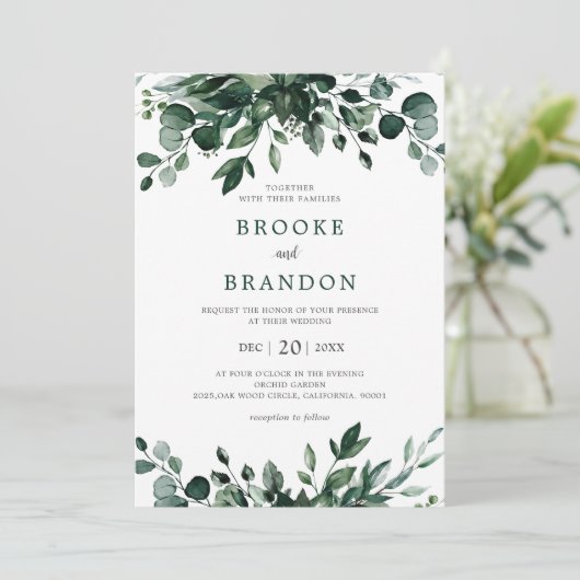 Emerald Greenery Eucalyptus Botanical Wedding Invi Kaart (Staand voorkant)
