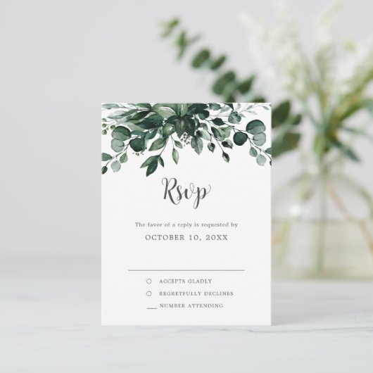 Emerald Greenery Eucalyptus Botanical Wedding RSVP Briefkaart (Staand voorkant)