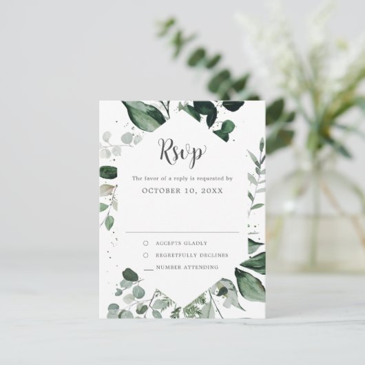 Emerald Greenery Eucalyptus Botanical Wedding RSVP Briefkaart (Staand voorkant)