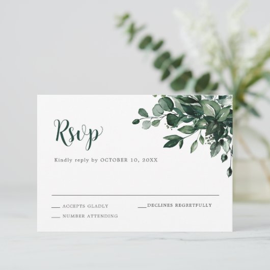 Emerald Greenery Eucalyptus Botanical Wedding RSVP Kaartje (Staand voorkant)