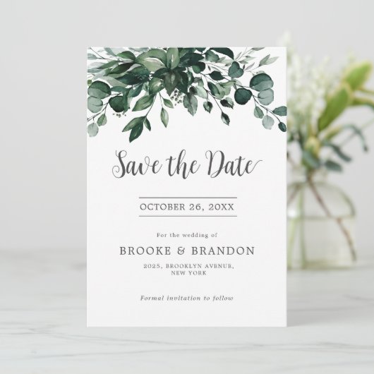 Emerald Greenery Eucalyptus Botanical Wedding Save The Date (Staand voorkant)
