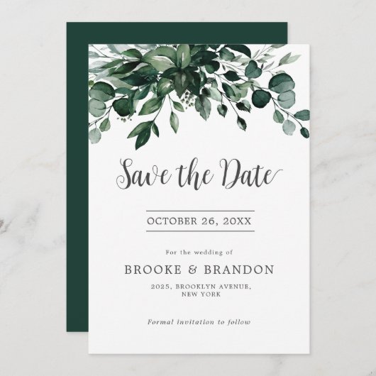 Emerald Greenery Eucalyptus Botanical Wedding Save The Date (Voorkant / Achterkant)
