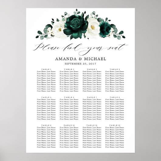 Emerald Greenery Eucalyptus Wedding Seating Chart Poster (Voorkant)