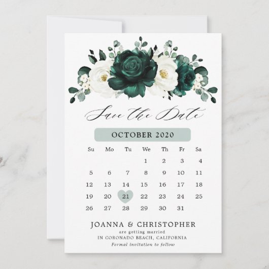 Emerald Greenery Eucalyptus White Floral Calendar Save The Date (Voorkant)