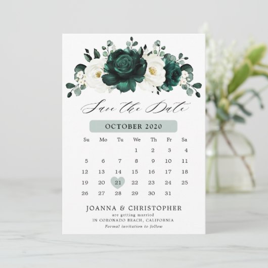 Emerald Greenery Eucalyptus White Floral Calendar Save The Date (Staand voorkant)