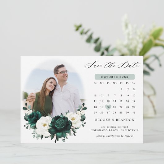 Emerald Greenery Eucalyptus White Floral Calendar Save The Date (Staand voorkant)
