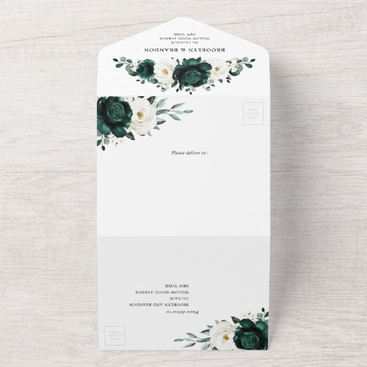 Emerald Greenery Eucalyptus White Floral Wedding All In One Uitnodiging (Buitenkant)