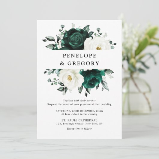 Emerald Greenery Eucalyptus White Floral Wedding Kaart (Staand voorkant)