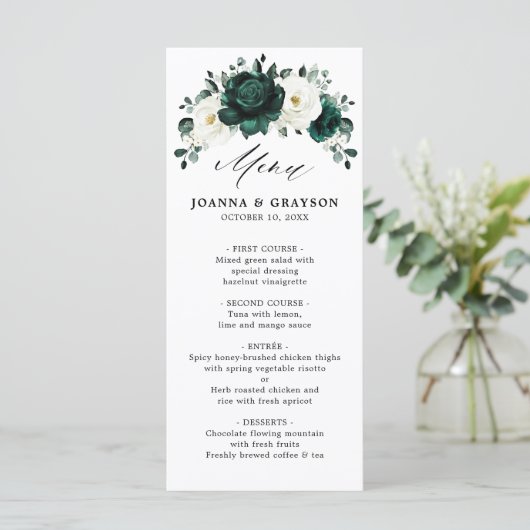 Emerald Greenery Eucalyptus White Floral Wedding Menu (Staand voorkant)
