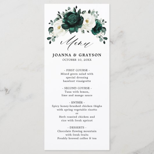 Emerald Greenery Eucalyptus White Floral Wedding Menu (Voorkant)