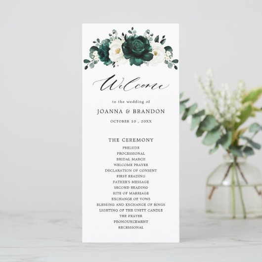 Emerald Greenery Eucalyptus White Floral Wedding Programmakaart (Staand voorkant)