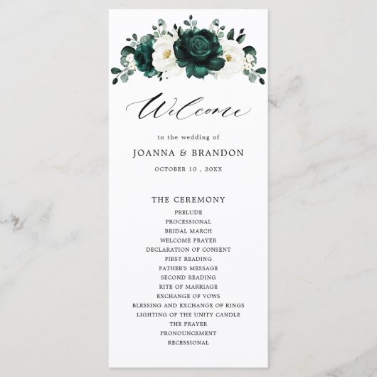 Emerald Greenery Eucalyptus White Floral Wedding Programmakaart (Voorkant)