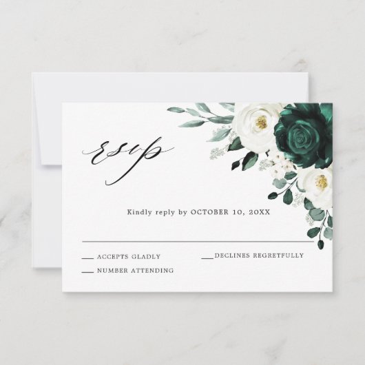 Emerald Greenery Eucalyptus White Floral Wedding RSVP Kaartje (Voorkant)