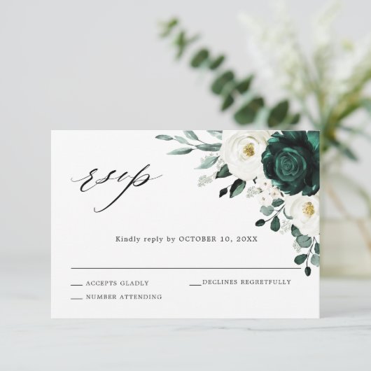 Emerald Greenery Eucalyptus White Floral Wedding RSVP Kaartje (Staand voorkant)