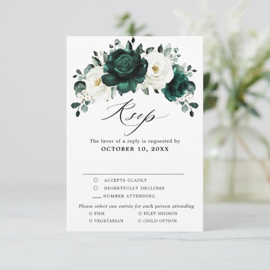 Emerald Greenery Eucalyptus White Floral Wedding RSVP Kaartje (Staand voorkant)