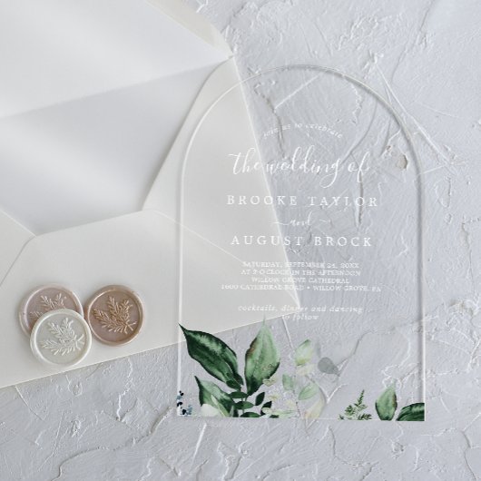 Emerald Greenery Eucalyptus White Mountain Wedding Acryl Uitnodigingen