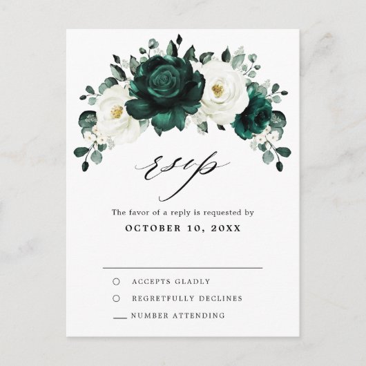 Emerald Greenery Eucalyptus White Rose Floral RSVP Briefkaart (Voorkant)