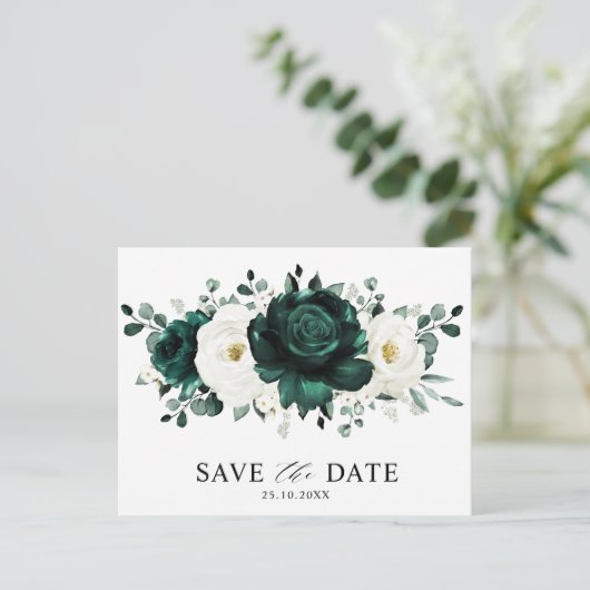 Emerald Greenery Eucalyptus White Save the Date Briefkaart (Staand voorkant)