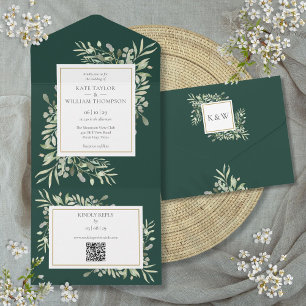 Emerald Greenery Floral QR Code Weddenschap All In One Uitnodiging