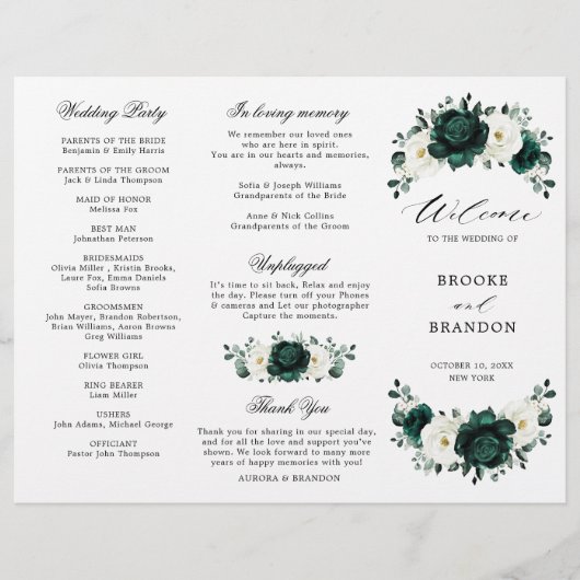 Emerald Greenery Floral Wedding Tri-Fold Programme (Voorkant)