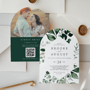 Emerald Greenery Foto QR Code Boho Boog Huwelijk Kaart