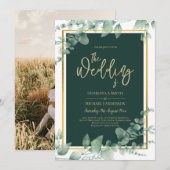 Emerald Greenery Gold FOTO WEDDING INVITATION Kaart (Voorkant / Achterkant)