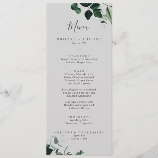 Emerald Greenery | Gray Weddenrenmenu Menu (Voorkant)