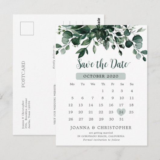 Emerald Greenery Green Eucalyptus Save the date Briefkaart (Voorkant / Achterkant)