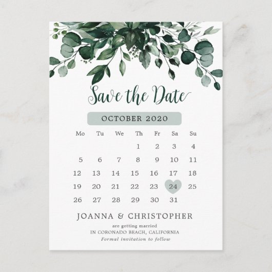 Emerald Greenery Green Eucalyptus Save the date Briefkaart (Voorkant)