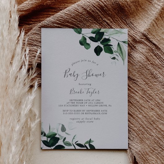 Emerald Greenery | Grijze Baby shower Kaart