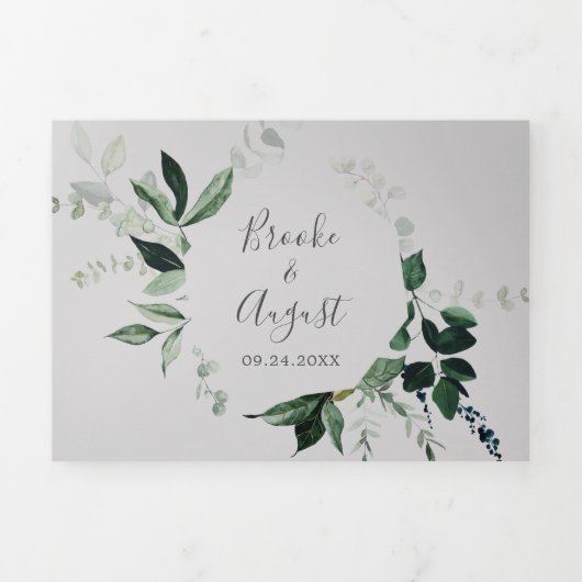 Emerald Greenery | Grijze fotobruiloft in één keer Drieluik Uitnodiging (Cover)