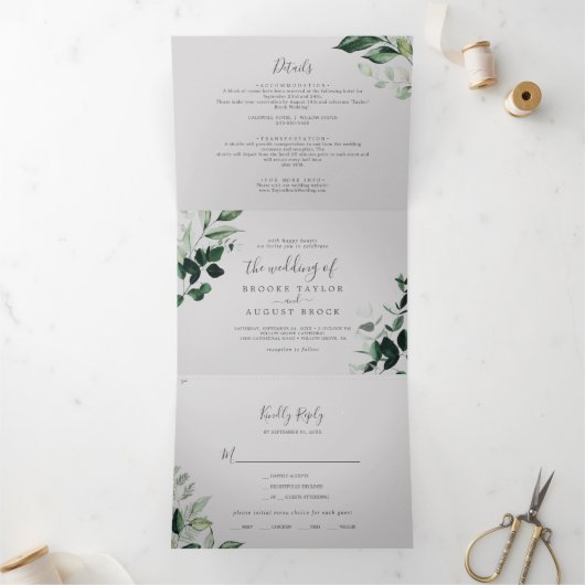 Emerald Greenery | Grijze fotobruiloft in één keer Drieluik Uitnodiging (Binnen)