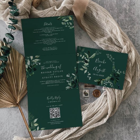 Emerald Greenery | Groene foto QR-code bruiloft Drieluik Uitnodiging